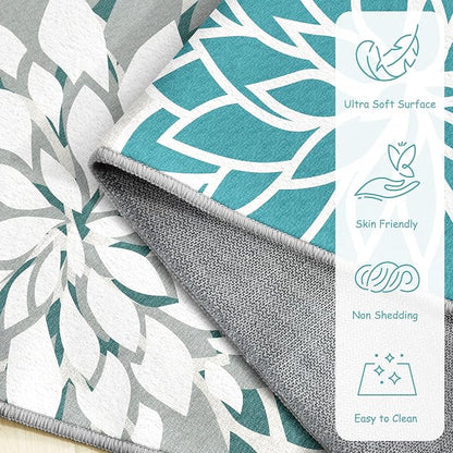 Arenarug 2x3 Colorful Washable Small Rug Tropical Botanical Modern Floral Indoor Chenille Door Mat Carpet Non Slip for Patio, Entry Way, Entrance, Porch, Teal