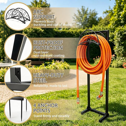 Garden Hose Holder, Heavy Duty Stainless Steel Garden Hose Reel with Triangle Reinforcement, Supports 150 ft Hose, 45-Inch Ergonomic Water Hose Stand for Outside, Black