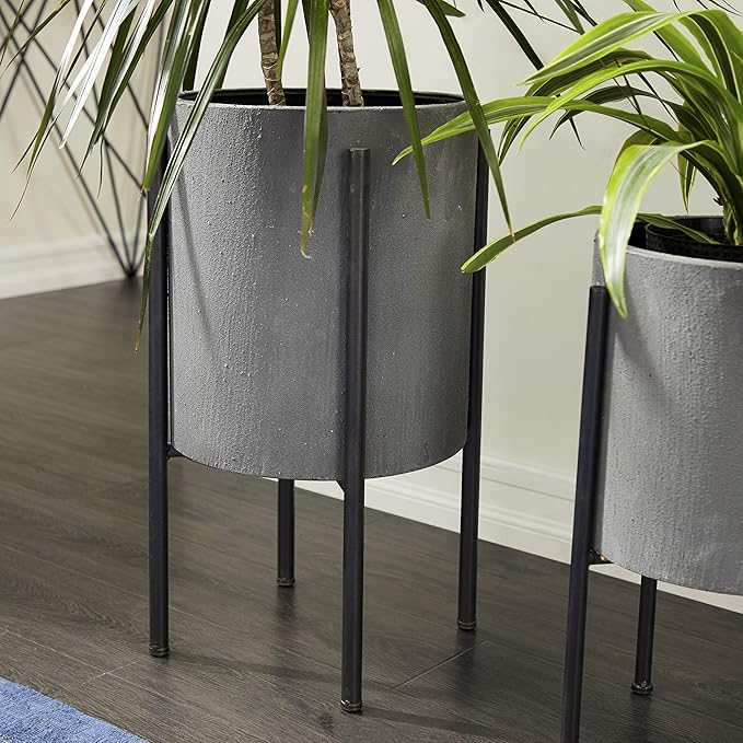 Deco 79 Metal Indoor Outdoor Planter Textured Exterior Large Planter Pot, Set of 2 Planters 19", 23"H, Light Gray