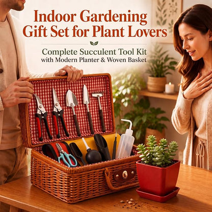 Bonsai & Indoor Plant Tool Set for Beginners, Plant Repotting Kit with Gardening Tools, Repotting Mat, Wicker Basket, Mini Pots & Indoor Gardening Gift for Women & Men