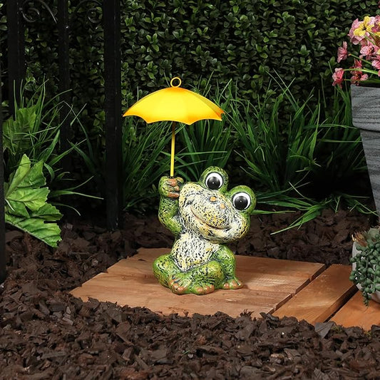 Alpine Corporation QWR1010HH 12" Tall Garden Frog Statue - Sitting Jolly Frog with Yellow Umbrella Decoration – Ceramic Yard & Patio Decor – Durable Lawn Sculpture