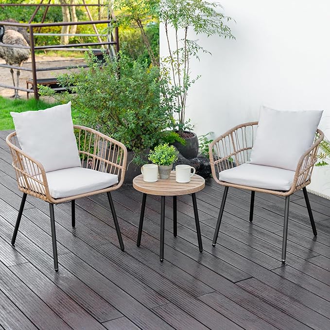 NUU GARDEN 3-Piece Outdoor Bistro Set, PE Wicker Chairs with Cushions and Slatted Metal Side Table, Patio Furniture Conversation Set for Porch, Backyard, Lawn, Poolside, Deck, Beige