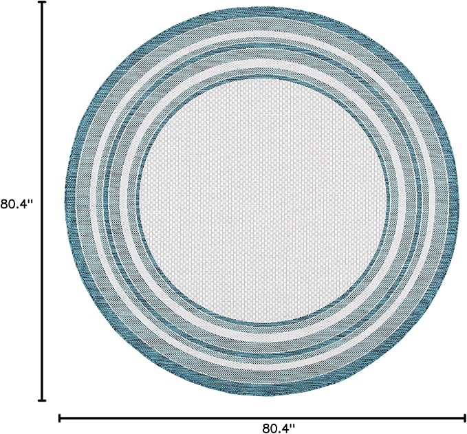 SAFAVIEH Washable Rug Outdoor Courtyard Collection - 6'7" Round, Ivory & Teal, Non-Shedding & Easy Cleaning, Ideal for Patio, Backyard, Mudroom (CY8475-53512)