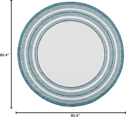 SAFAVIEH Washable Rug Outdoor Courtyard Collection - 6'7" Round, Ivory & Teal, Non-Shedding & Easy Cleaning, Ideal for Patio, Backyard, Mudroom (CY8475-53512)