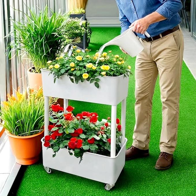 MNKXL Self-Watering Raised Planter Box with Lockable Wheels,2-Tier Elevated Garden Bed with Visible Water Level Window,Indoor Outdoor Plastic Plant Box for Flowers,Vegetables & Herbs