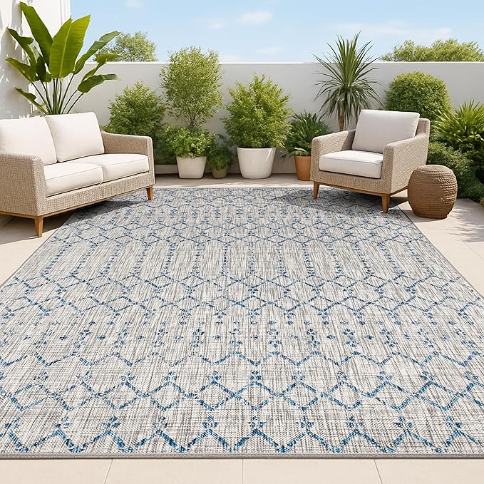 JONATHAN Y Moroccan Geometric Indoor Outdoor Area Rug 5X8 Light Gray/Navy, Ourika Textured Weave for Backyard, Patio, Porch, Easy-Cleaning, High Traffic, Pet-Friendly, Non-Shedding (SMB108A-5)