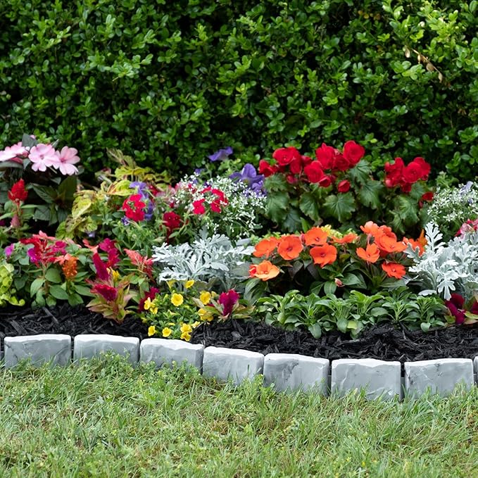 EasyFlex No-Dig Landscape Edging with Anchoring Spikes, 2.7 in Tall Decorative Stone-Look Garden Border, 15 Foot Kit, Slate Gray