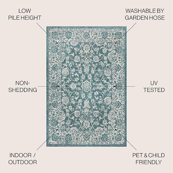 JONATHAN Y Weave Floral Indoor Outdoor Round Area Rug 4 Ft Teal/Gray, Tela Bohemian Textured for Backyard, Patio, Porch, Easy-Cleaning, High Traffic, Pet-Friendly, Non-Shedding (SMB100C-4R)