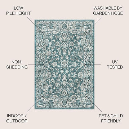 JONATHAN Y Weave Floral Indoor Outdoor Round Area Rug 4 Ft Teal/Gray, Tela Bohemian Textured for Backyard, Patio, Porch, Easy-Cleaning, High Traffic, Pet-Friendly, Non-Shedding (SMB100C-4R)