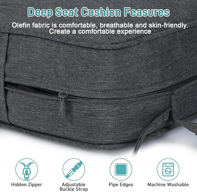 Aoodor Outdoor Chair Cushion, 22 x 24 Inch Water-Resistant, Fade-Resistant Olefin Frbric Patio Seat Cushions with Removable Cover and Adjustable Straps for Outdoor Furniture, Set of 2, Charcoal