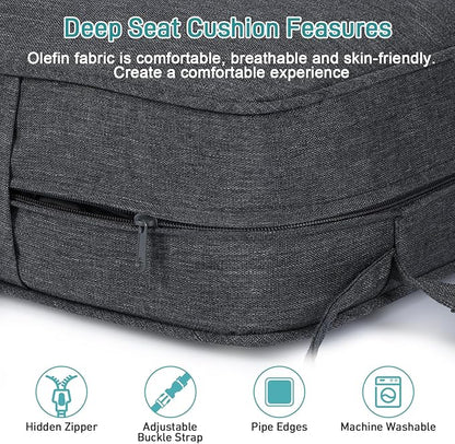 Aoodor Outdoor Chair Cushion, 22 x 24 Inch Water-Resistant, Fade-Resistant Olefin Frbric Patio Seat Cushions with Removable Cover and Adjustable Straps for Outdoor Furniture, Set of 2, Charcoal