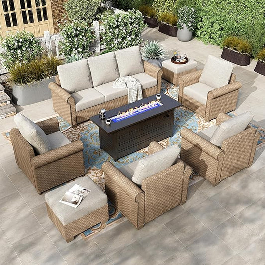 HERA'S HOUSE 8-Piece Patio Furniture Set, All Weather 9 Seats Outdoor Wicker Sofa with Ottomans, Rattan Patio Conversation Set with 5.5" Cushions and 57" Fire Pit Table, Beige