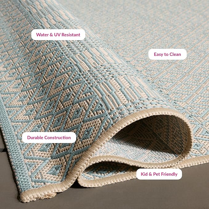 SAFAVIEH Washable Rug Outdoor Courtyard Collection - 5'3" x 7'7", Beige & Aqua Blue, Non-Shedding & Easy Cleaning, Ideal for Patio, Backyard, Mudroom (CY6235-21312)