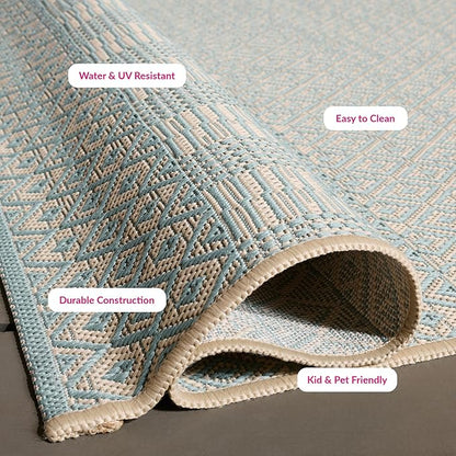 SAFAVIEH Washable Rug Outdoor Courtyard Collection - 5'3" x 7'7", Beige & Aqua Blue, Non-Shedding & Easy Cleaning, Ideal for Patio, Backyard, Mudroom (CY6235-21312)