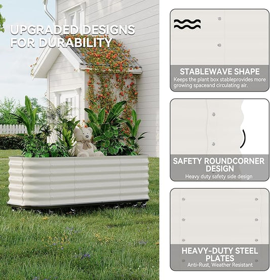 GarveeHome Self-Watering Wheeled Metal Garden Bed – Mobile Raised Planter Box with Water, Galvanized Steel Indoor/Outdoor Rolling Grow Station for Herbs, Veggies & Decor (94.5"x23.6"x19.7"),White