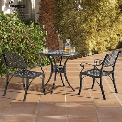 NUU GARDEN 3 Piece Outdoor Cast Aluminum Bistro Table Set Rustproof Table and Chairs with Umbrella Hole for Backyard, Balcony, Front Porch, Black