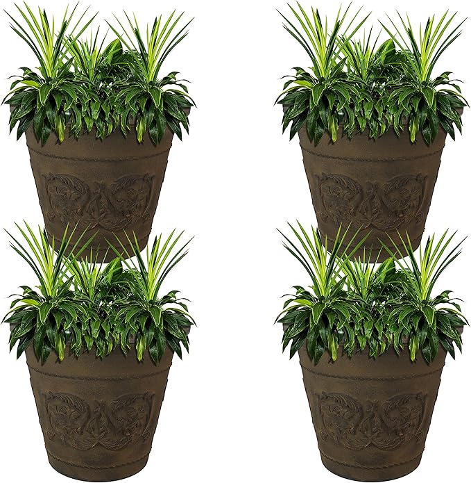 Sunnydaze 19.5-Inch Arabella Large Plastic Pot for Plants - Outdoor Double-Walled Polyresin Large Plastic Planter with Drillable Drainage Holes - Sable - 4-Pack