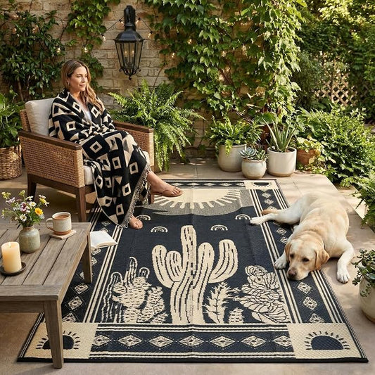 Garvee Waterproof Outdoor Rug 5x8, Cactus Botanical Outdoor Plastic Straw Rug for Camping, Reversible RV Mat Outside, Indoor Outdoor Carpet for Porch, Deck, Backyard, Balcony, Picnic, Black & Brown