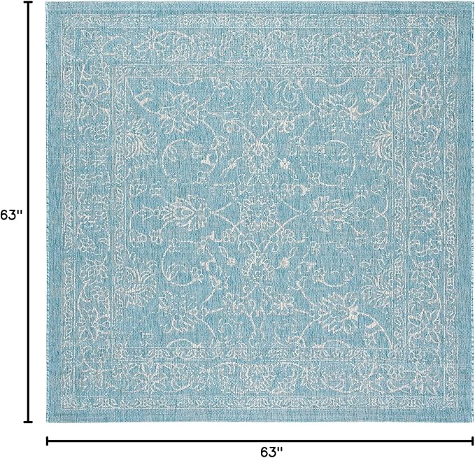 SAFAVIEH Washable Rug Outdoor Courtyard Collection - 5'3" Square, Aqua Blue & Grey, Non-Shedding & Easy Cleaning, Ideal for Patio, Backyard, Mudroom (CY8680-37121)