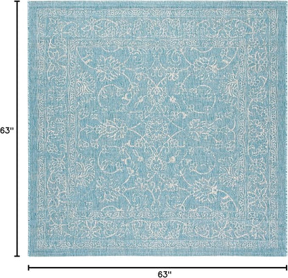 SAFAVIEH Washable Rug Outdoor Courtyard Collection - 5'3" Square, Aqua Blue & Grey, Non-Shedding & Easy Cleaning, Ideal for Patio, Backyard, Mudroom (CY8680-37121)