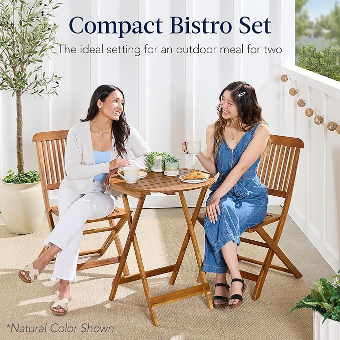Best Choice Products 3-Piece Acacia Wood Bistro Set, Folding Patio Furniture for Backyard, Balcony, Deck w/ 2 Chairs, Round Coffee Table, Teak Finish - Gray