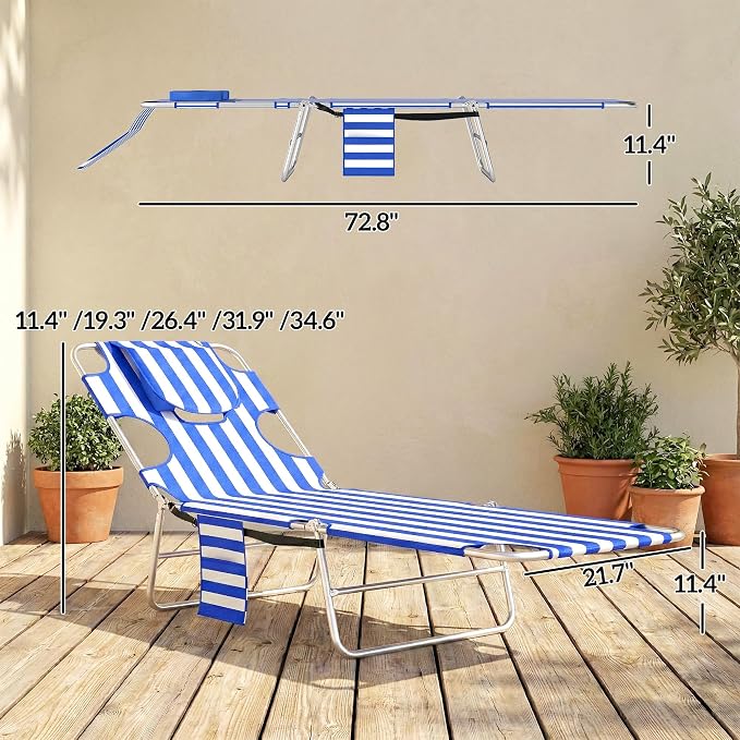 Outsunny Chaise Lounge Chair Outdoor with Face Arm Hole, 5-Position Reclining Face Down Tanning Chair with Carry Strap, Side Pocket, Portable Folding Bed Cot for Patio Beach Pool, Blue Stripe