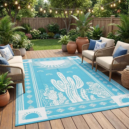 Garvee Waterproof Outdoor Rug 5x8, Cactus Botanical Outdoor Plastic Straw Rug for Camping, Reversible RV Mat Outside, Indoor Outdoor Carpet for Porch, Deck, Backyard, Balcony, Teal Blue