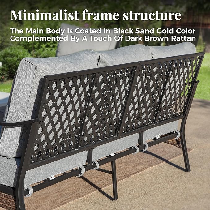 Patio Furniture Set with Firepit Table, Black Frame Outdoor Conversation Set with 2 x Rocking Chairs, 1 x 3-Seat Sofa for Lawn Garden Backyard, Grey