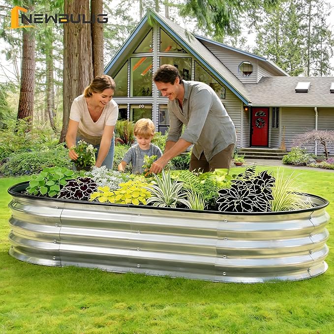 NEWBULIG Heavy-Duty Galvanized Oval Raised Garden Bed for Outdoor, Metal Planter Box with Open Base, Easy Assembly with Safe Edges for Vegetables/Flowers/Herbs