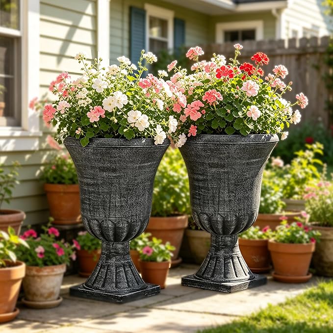22" Timeless Urn Planters for Outdoor Plants, Set of 2 Plastic Large Flower Pot with Handmade Washed Black Finish, Weather-Resistant for Porch, Garden, Patio or Indoor Use