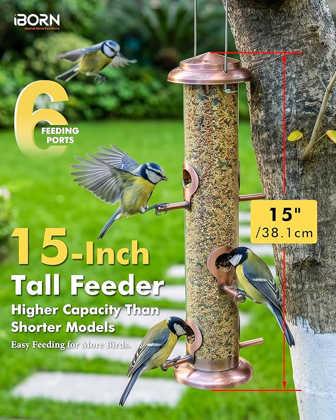 iBorn Metal Bird Feeders Brushed Copper Wild Bird Feeder for Outdoors Hanging All Metal Brushed Copper Finishing 15 Inch 6 Port(Seed is not Included)