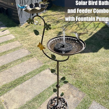 Bird Baths for Outdoors with Solar Fountain, 44" Tall Cast Iron Pedestal Bird Bath and Feeder, Vintage Sturdy Heavy Duty Birdbath Bowl, Decorative Birdbaths for Outside Garden Yard Porch