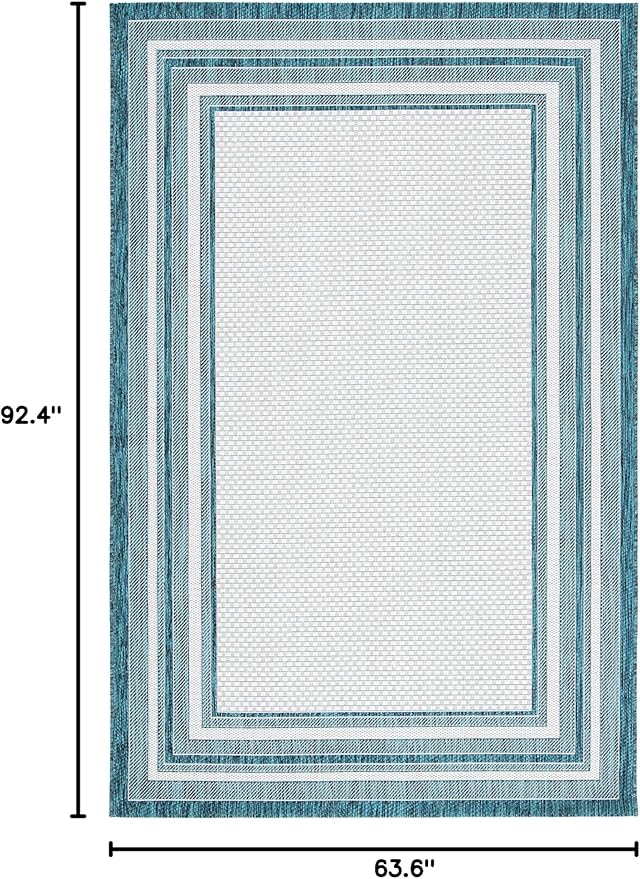 SAFAVIEH Washable Rug Outdoor Courtyard Collection - 5'3" x 7'7", Ivory & Teal, Non-Shedding & Easy Cleaning, Ideal for Patio, Backyard, Mudroom (CY8475-53512)