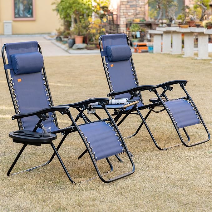 Outsunny Zero Gravity Chair Set with Side Table, Folding Reclining Chair with Cupholders & Pillows, Adjustable Lounge Chairs for Pool, Backyard, Lawn, Beach, Blue