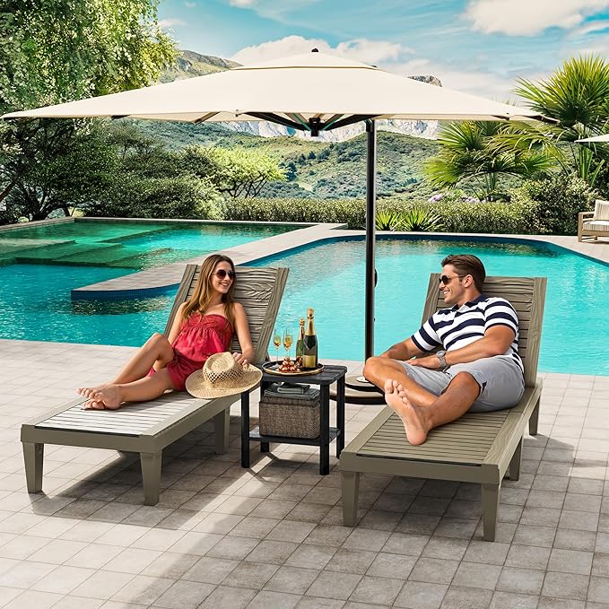Outdoor Lounge Chair Set of 2 with 1 Black Side Table, 5-Positions Adjustable Patio Chaise Lounge with End Table, Waterproof Pool Lounge Chairs for Poolside, Backyard, Striped Grey