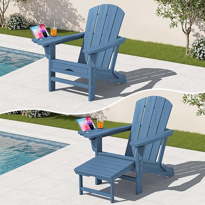 KINGYES Adjustable Folding Adirondack Chair with Footrest & 4-in-1 Multi-Functional Armrest Organizer, HDPE Foldable Reclining Adirondack Chair with Pull-Out Ottoman, Blue