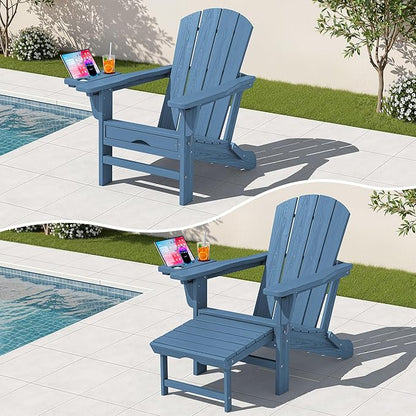 KINGYES Adjustable Folding Adirondack Chair with Footrest & 4-in-1 Multi-Functional Armrest Organizer, HDPE Foldable Reclining Adirondack Chair with Pull-Out Ottoman, Blue