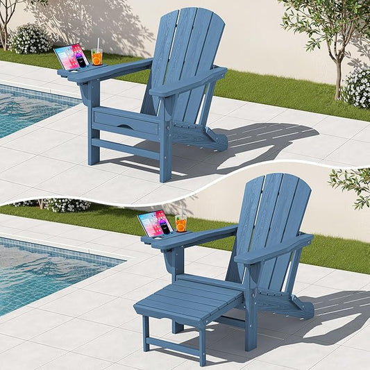 KINGYES Adjustable Folding Adirondack Chair with Footrest & 4-in-1 Multi-Functional Armrest Organizer, HDPE Foldable Reclining Adirondack Chair with Pull-Out Ottoman, Blue