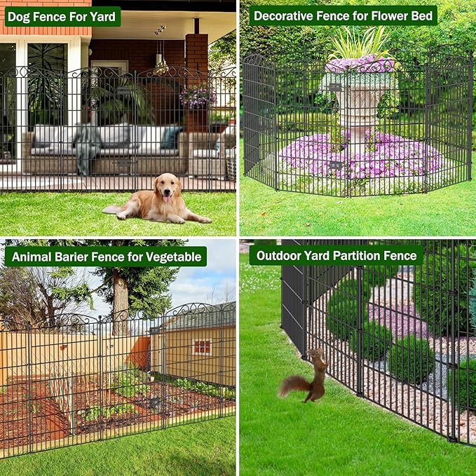 5 Panel No Dig Decorative Garden Fence with Gate - 48in H x 11.4 ft L, Tall Animal Barrier for Dogs Rabbits, Rustproof Metal Wire Panels for Yard, Patio, and Outdoor Border Use