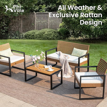 PHI VILLA Patio Wicker Furniture Set for 4, Brown Rattan Loveseat & Chairs with Beige Cushions & Acacia Wood Coffee Table, Outdoor Conversation Sofa Set for Deck, Yard, Porch (Round Hole Back)
