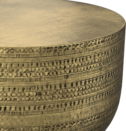 SIMPLIHOME Johnsen Metal Coffee Table - 30 inch Wide Solid Metal Round Drum Accent Table in Antique Gold, Boho Coffee Table for Living Room or Bedroom with Decorative Textured Design, Assembled
