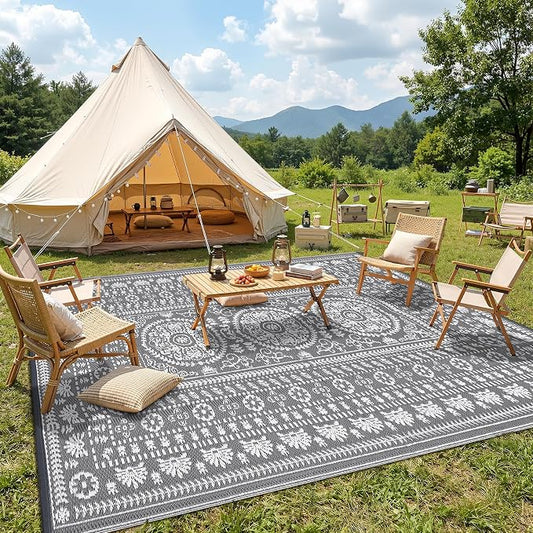 Garvee Reversible Outdoor Rug 9x18 for Patio, Waterproof Outdoor Area Rug, Modern Medallion Indoor Outdoor Rugs, Plastic Straw Rug for RV, Camping, Deck, Vintage Grey