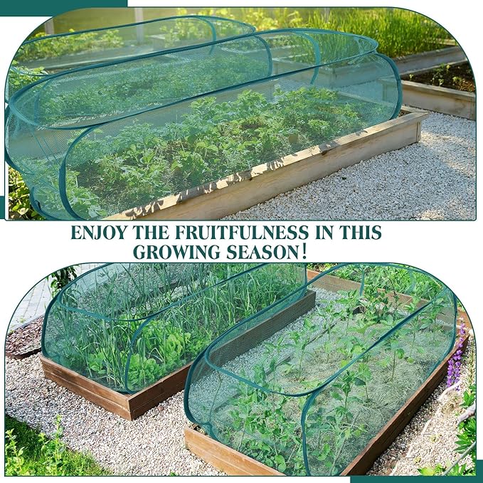 2 Pcs 39" x 18" x 16" Pop up Garden Mesh Plant Cover Outdoor Plant Protector Garden Row Raised Bed Cover with Ground Nails Crop Cage Net for Seedlings Vegetable Fruit Herbs (Dark Green)
