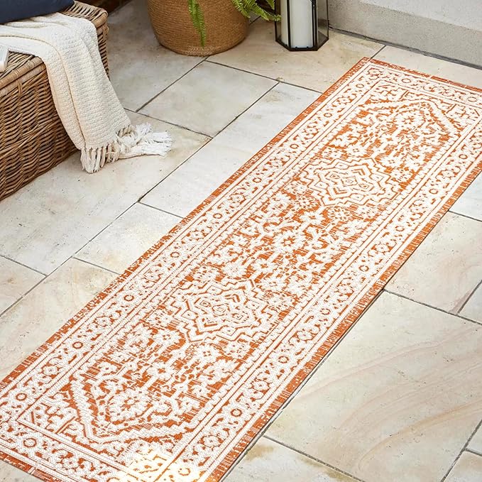 JONATHAN Y Medallion Weave Indoor Outdoor Runner Rug 2X8 Orange/Cream, Sinjuri Textured for Backyard, Patio, Porch, Easy-Cleaning, High Traffic, Pet-Friendly, Non-Shedding (SMB101F-28)