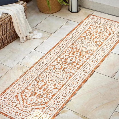 JONATHAN Y Medallion Weave Indoor Outdoor Runner Rug 2X8 Orange/Cream, Sinjuri Textured for Backyard, Patio, Porch, Easy-Cleaning, High Traffic, Pet-Friendly, Non-Shedding (SMB101F-28)