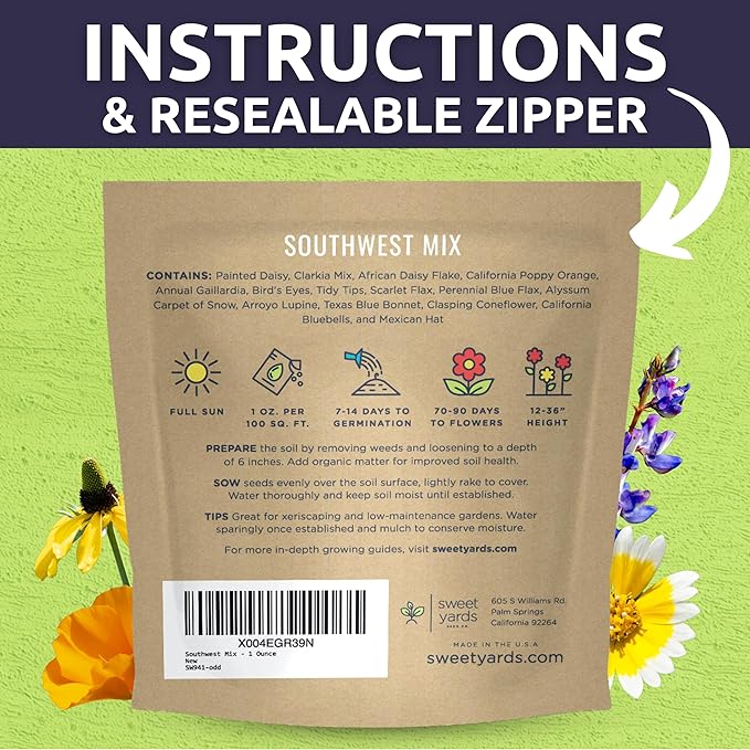 Southwest Regional Mix - Large 1 Ounce Packet - 15,000 Flower Seeds for Planting - Wildflower Mix