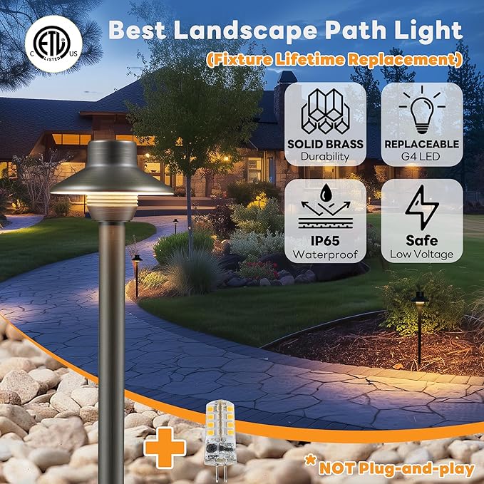 Gardenreet Brass Low Voltage Path Lights, Waterproof Landscape Pathway Light, 12V LED Outdoor Bronze Mini Shade Walkway Lamp for Driveway Sideway Garden with 3W 270LM 5000K G4 Bulb 4 Pack