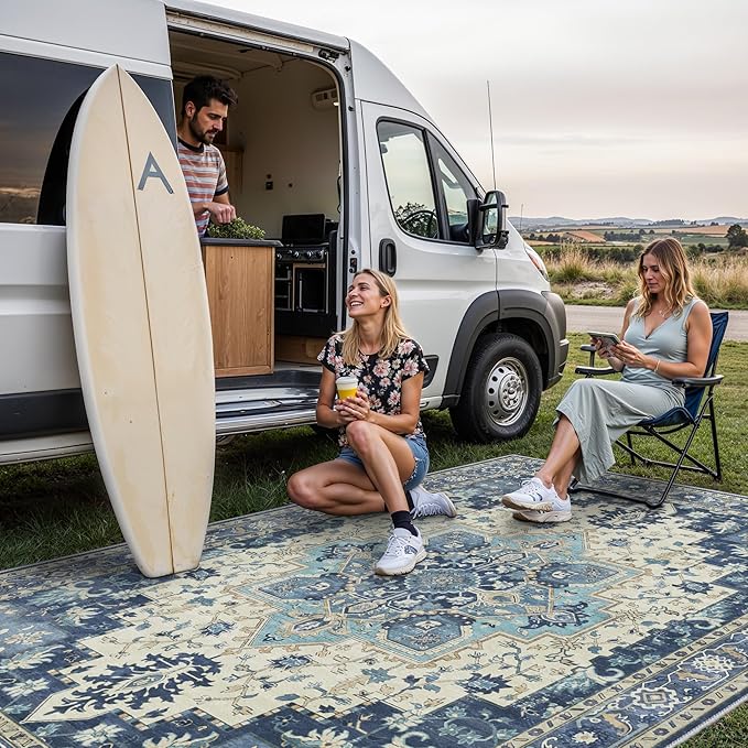 GENIMO Outdoor & Indoor Area Rug 9'x12', Waterproof, Non-Shedding, Easy Cleaning, Boho Mat for Patio, Living Room, Balcony, Dining Room, RV, Deck, Bedroom, Camping, Outside Carpet,Center Blue