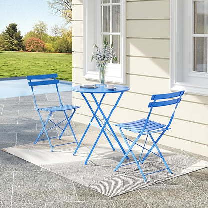 GarveeLife 3-Piece Folding Bistro Set, Foldable Patio Furniture Set with Premium Frame, Outdoor Bistro Table and Chairs Set of 2 for Patio, Garden and Balcony, Blue