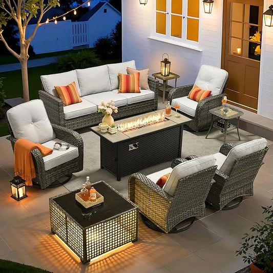ovios 9 Pieces Patio Furniture Set, Outdoor Wicker Sofa Couch with Rocking Swivel Chairs Fire Pit Table, Modern Deep Seat Rattan Conversation Sets for Porch Deck, Grey